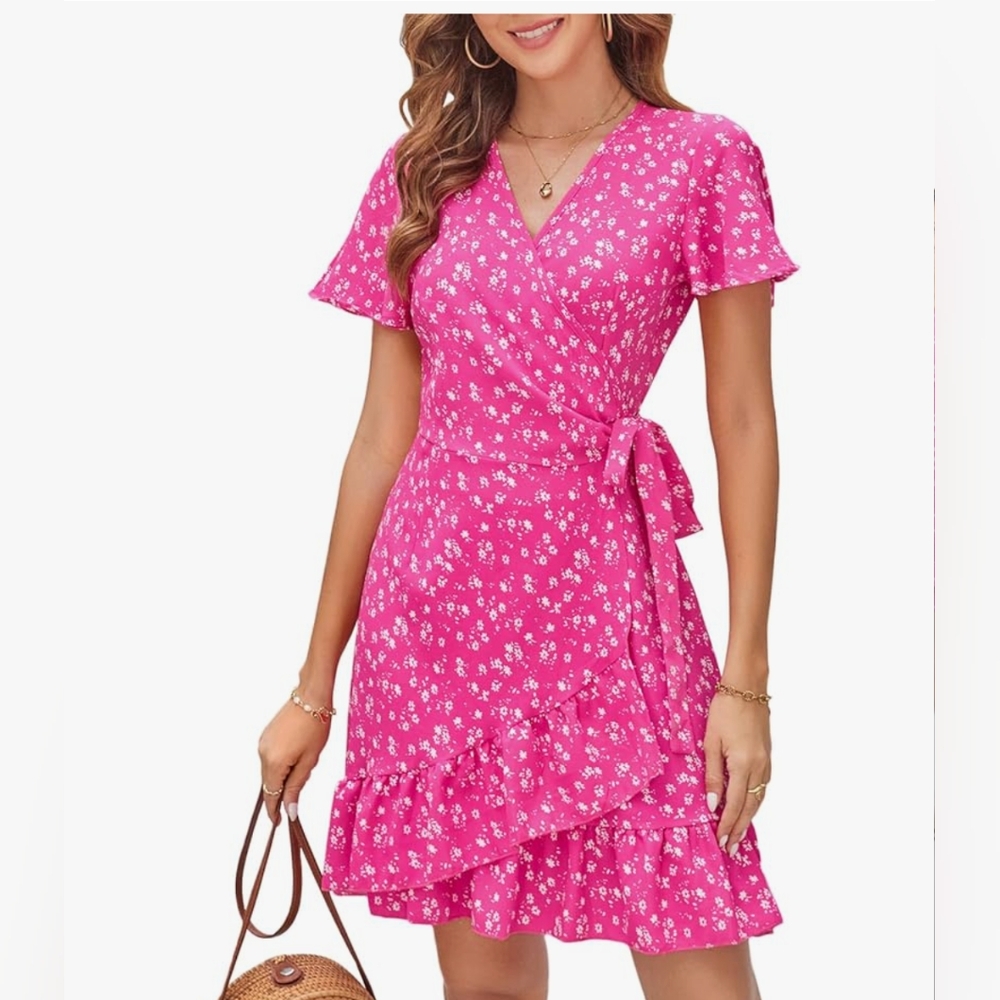 Naggoo Bright Pink Flutter Sleeve Wrap Dress with Ruffles, Size L NWT